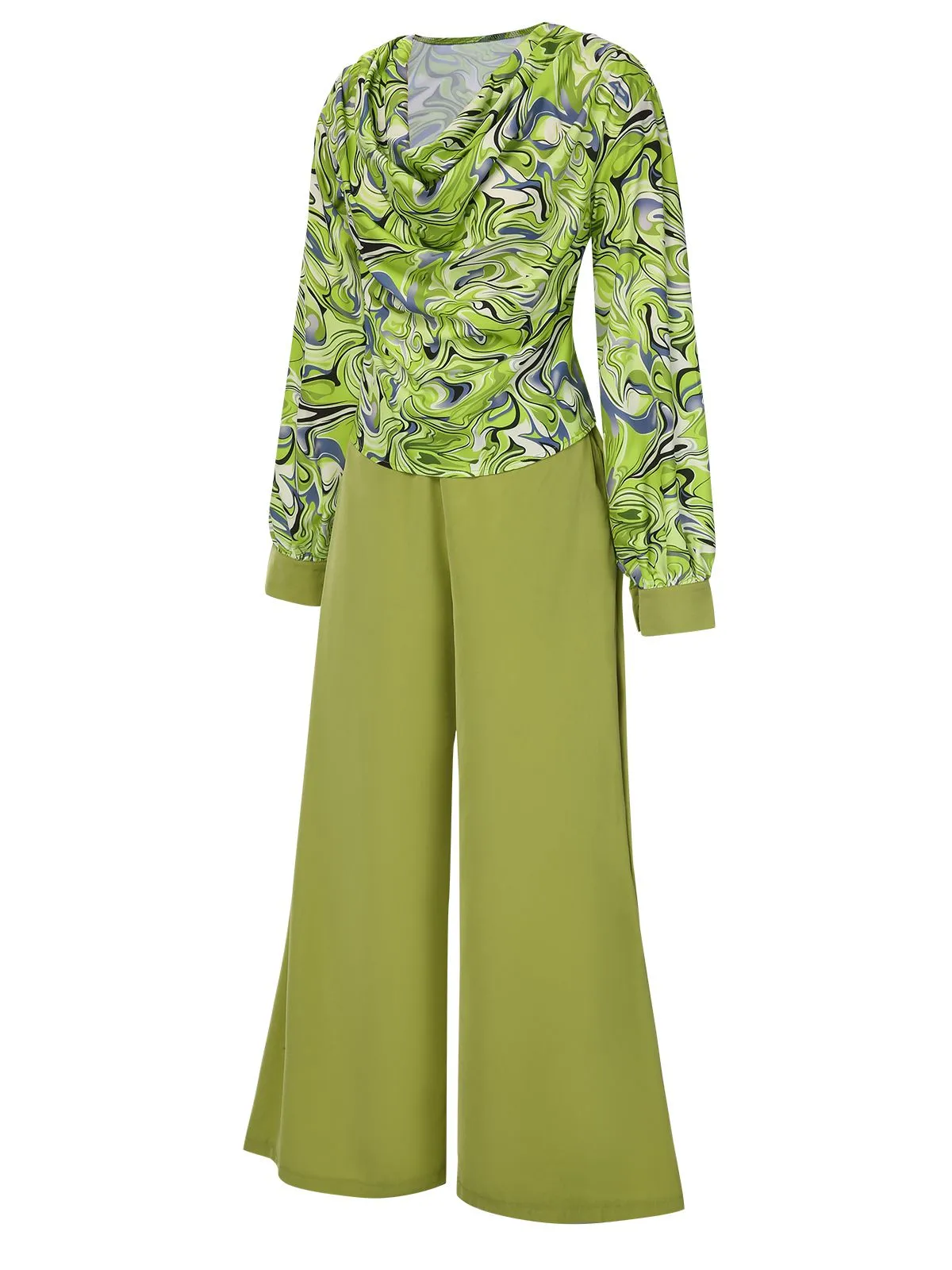 2PCS 1940s Green Geometric Cowl Neck Top & Wide Leg Pants sold by Retro Stage product image thumbnail 3