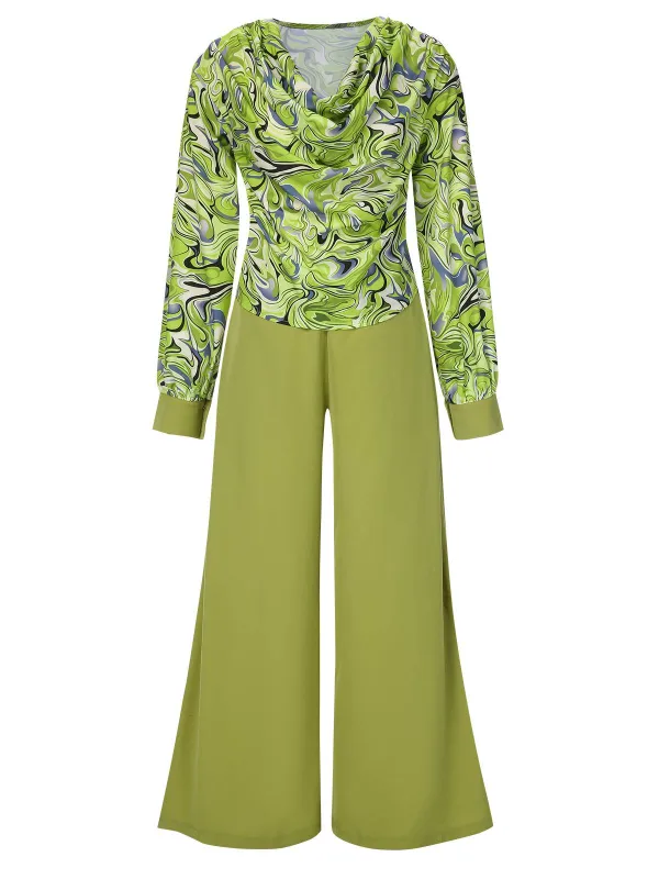 2PCS 1940s Green Geometric Cowl Neck Top & Wide Leg Pants sold by Retro Stage