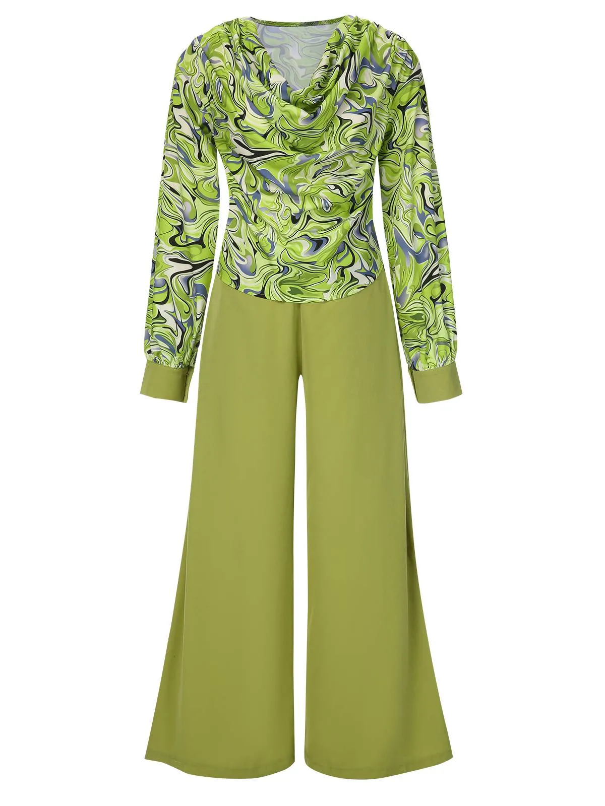 2PCS 1940s Green Geometric Cowl Neck Top & Wide Leg Pants sold by Retro Stage