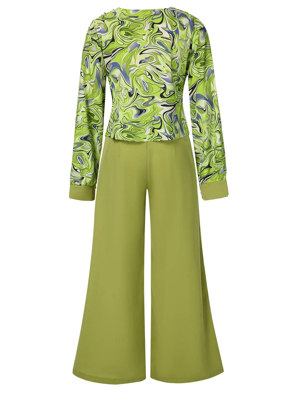 2PCS 1940s Green Geometric Cowl Neck Top & Wide Leg Pants sold by Retro Stage product image thumbnail 2