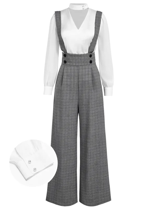 2PCS 1940s Satin Puff Sleeve Blouse & Glen Plaid Overall Pants sold by Retro Stage