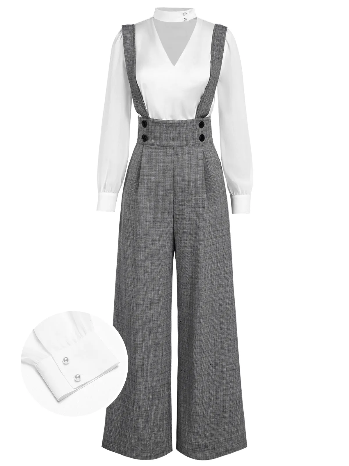 2PCS 1940s Satin Puff Sleeve Blouse & Glen Plaid Overall Pants sold by Retro Stage