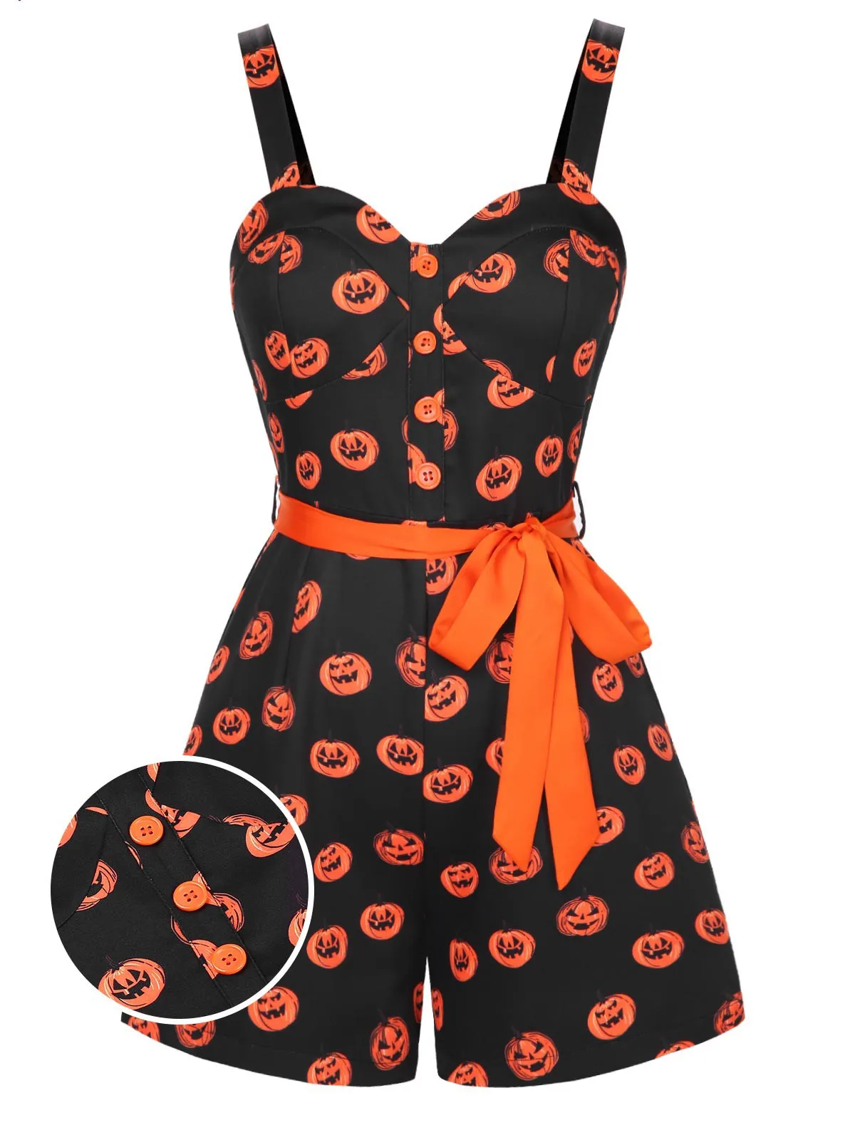 Black 1950s Halloween Pumpkin Face Romper sold by Retro Stage