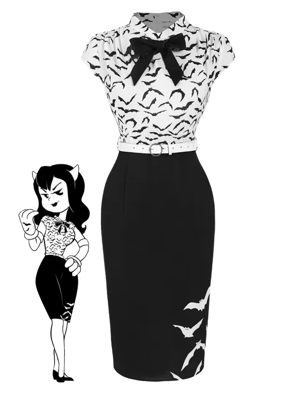 Black 1960s Bats Bow Lapel Pencil Dress sold by Retro Stage