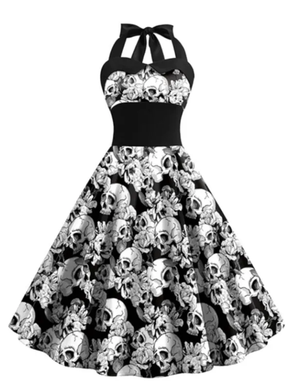 Black & White 1950s Halloween Skull Halter Dress sold by Retro Stage
