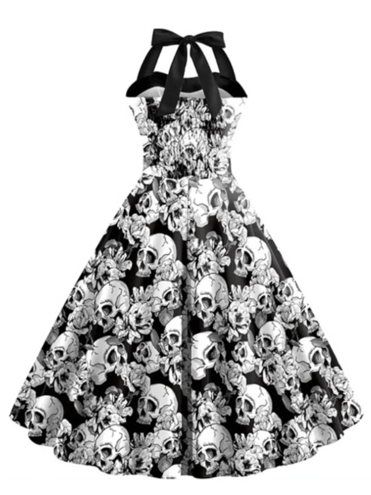 Black & White 1950s Halloween Skull Halter Dress sold by Retro Stage product image thumbnail 2