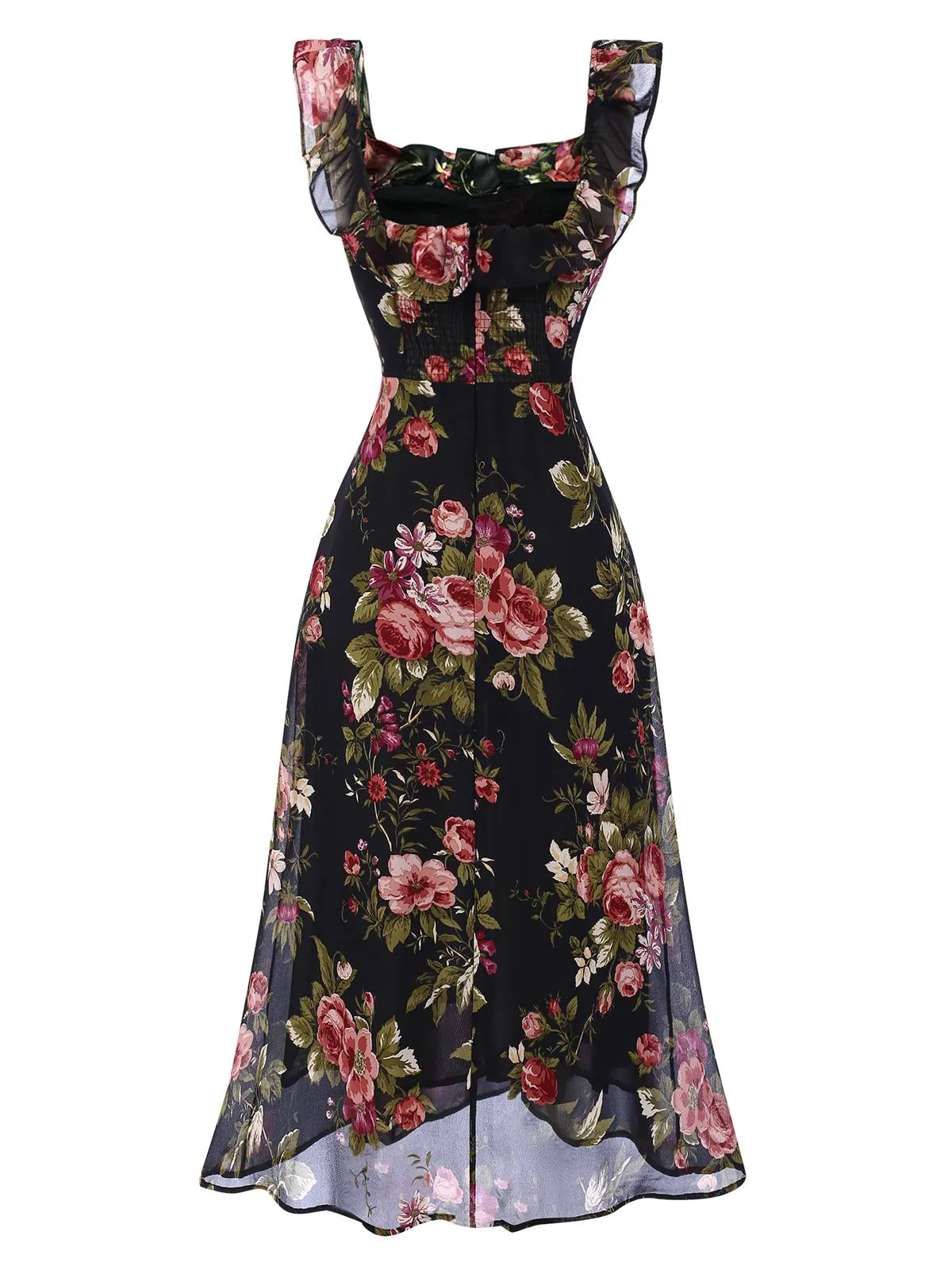 Black 1930s Square Neck Ruffled Floral Dress sold by Retro Stage product image thumbnail 4