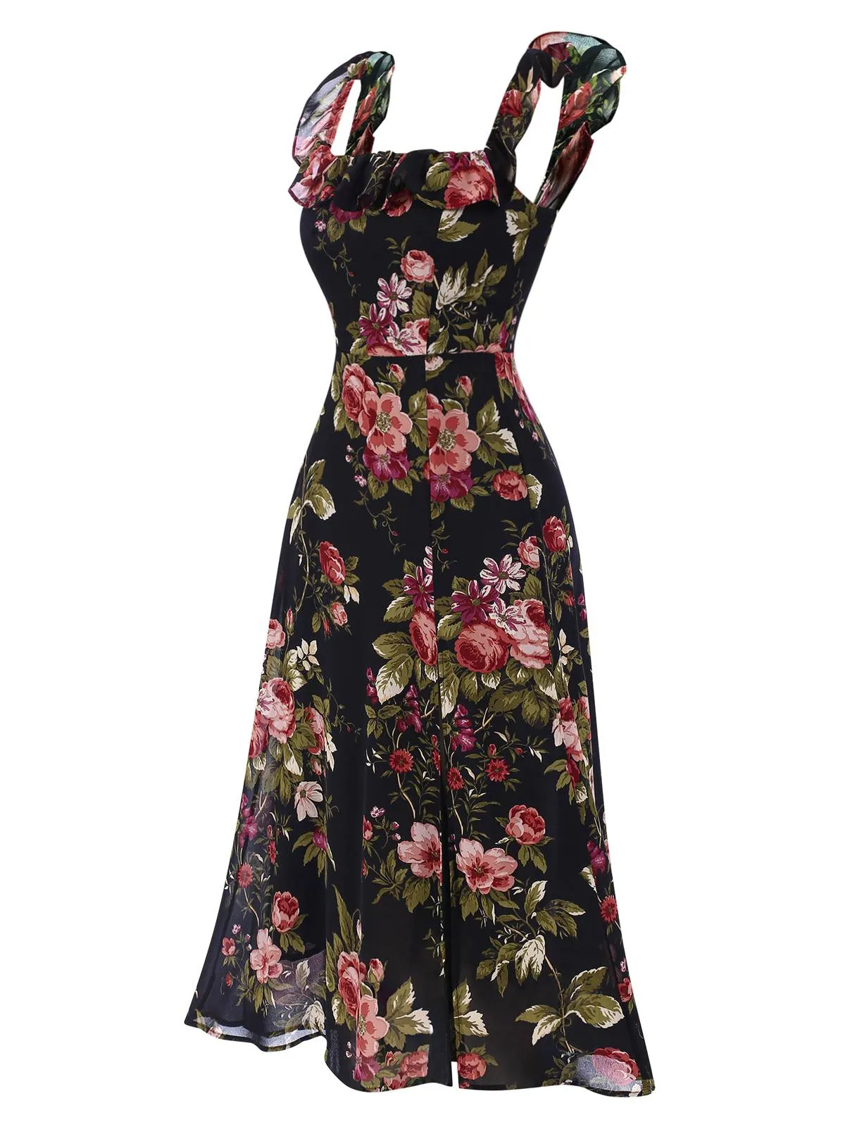 Black 1930s Square Neck Ruffled Floral Dress sold by Retro Stage product image thumbnail 3