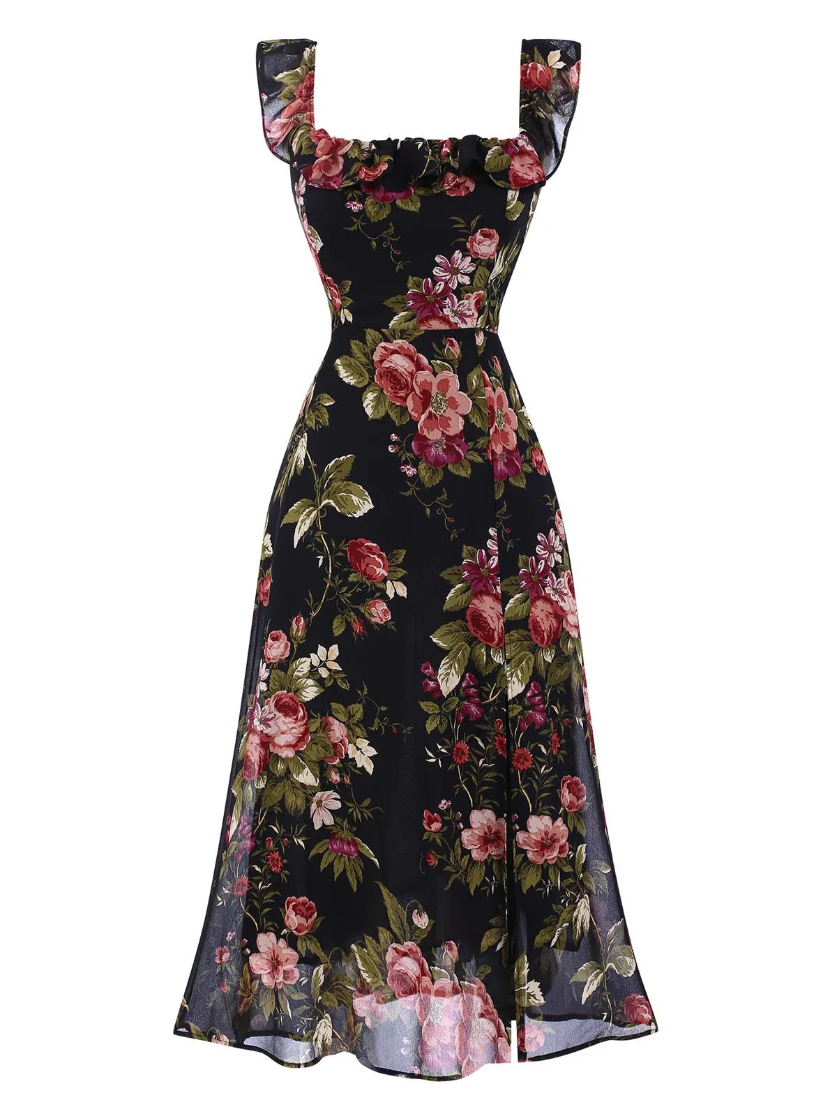 Black 1930s Square Neck Ruffled Floral Dress sold by Retro Stage product image thumbnail 2
