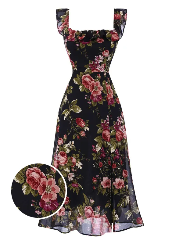 Black 1930s Square Neck Ruffled Floral Dress sold by Retro Stage