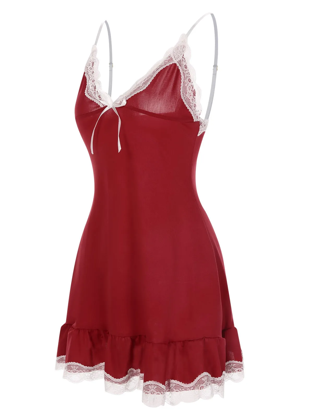 Deep Red 1970s Spaghetti Straps Lace Nightgown sold by Retro Stage product image thumbnail 2