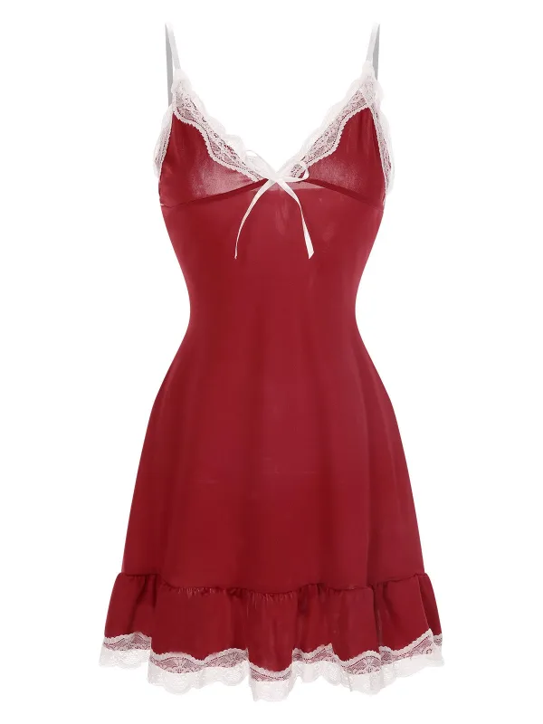 Deep Red 1970s Spaghetti Straps Lace Nightgown sold by Retro Stage