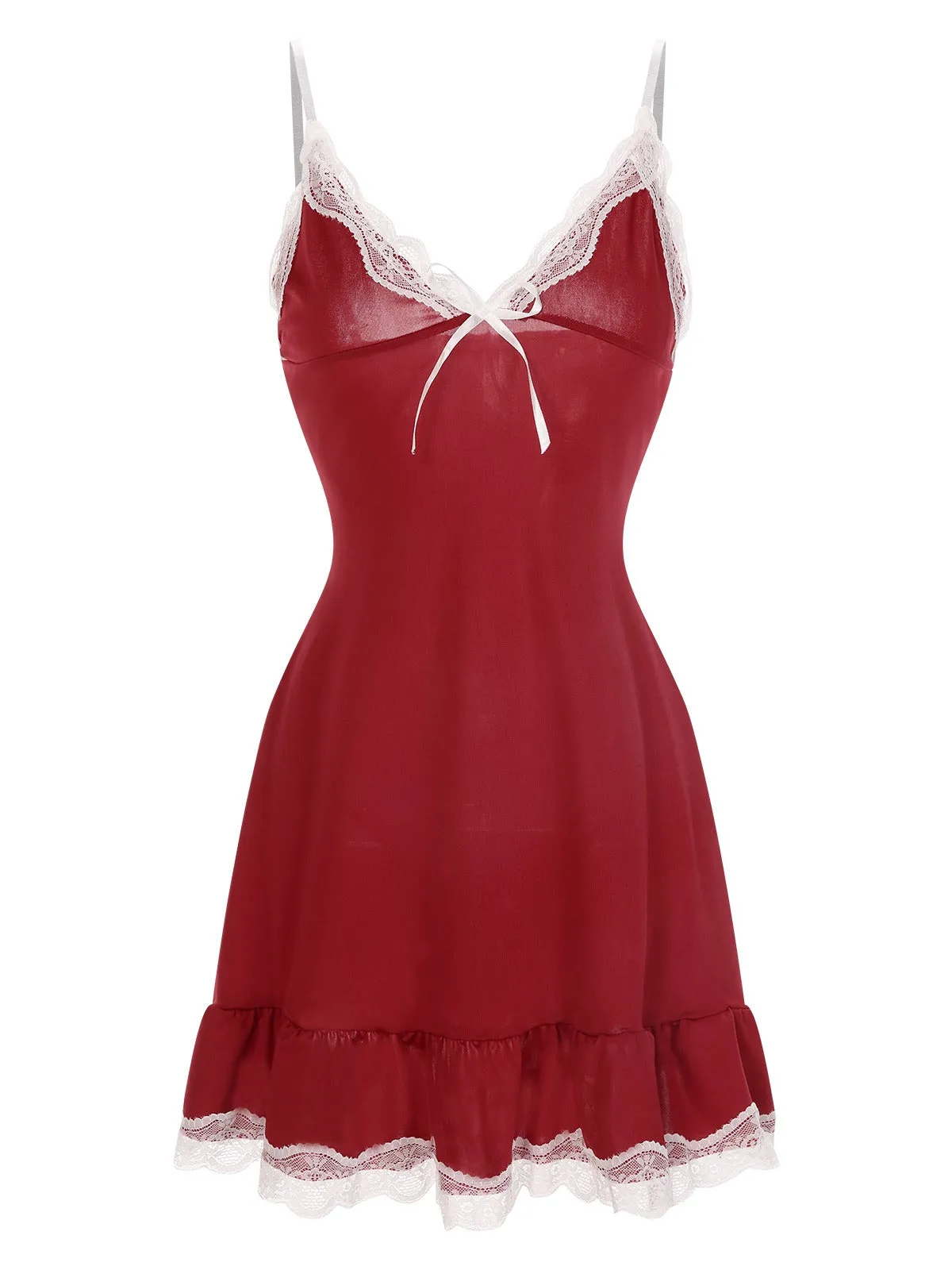 Deep Red 1970s Spaghetti Straps Lace Nightgown sold by Retro Stage