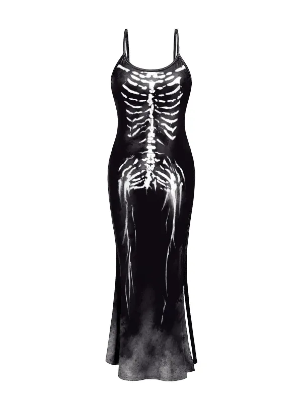 Black 1930s Skeleton Slit Spaghetti Straps Dress sold by Retro Stage