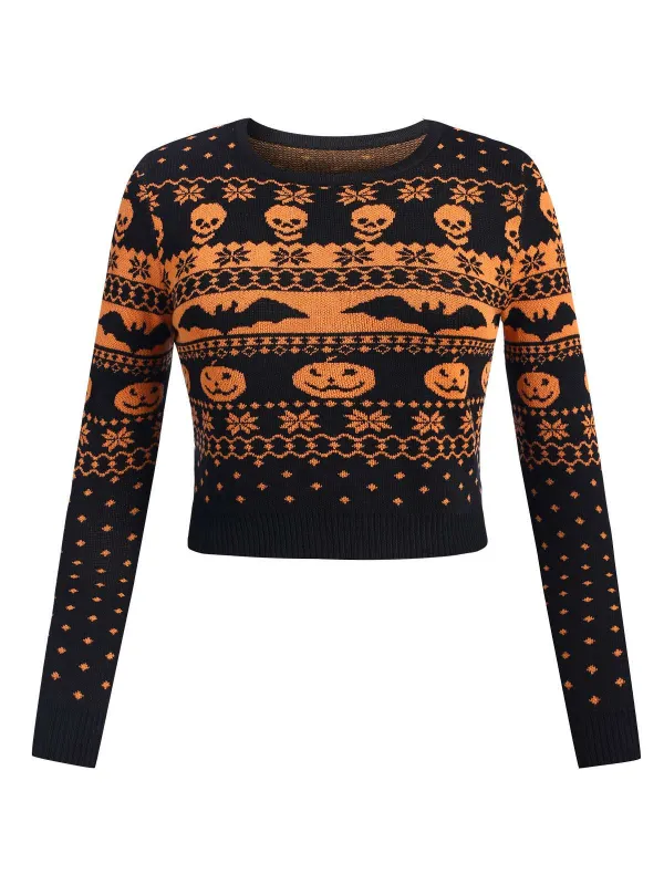 Black 1970s Halloween Skull Bat Crop Sweater sold by Retro Stage