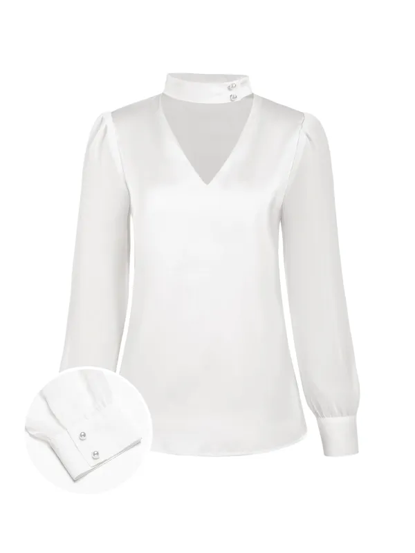 White 1940s Round Neck Satin Puff Sleeve Blouse sold by Retro Stage