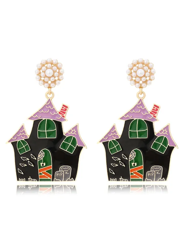 Black Halloween Cartoon Haunted House Earrings sold by Retro Stage
