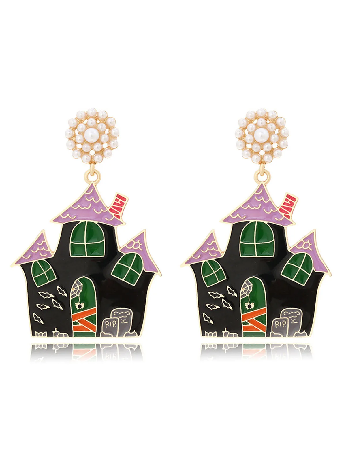 Black Halloween Cartoon Haunted House Earrings sold by Retro Stage