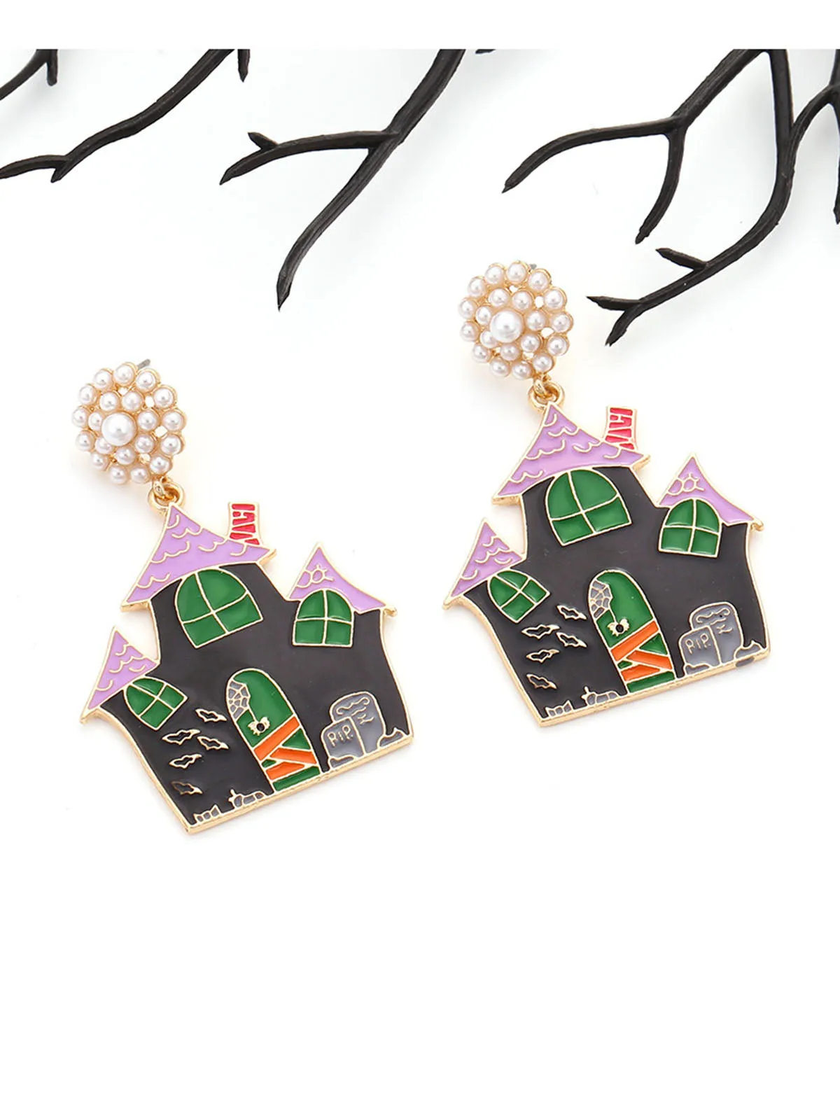 Black Halloween Cartoon Haunted House Earrings sold by Retro Stage product image thumbnail 2
