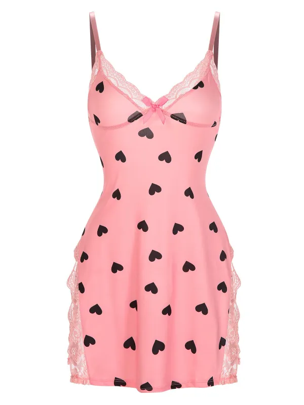 Pink 1950s Spaghetti Straps Lace Hearts Nightgown sold by Retro Stage