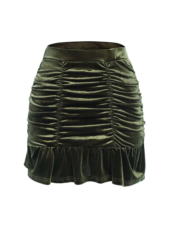 Green 1960s Solid Wrinkles Velvet Skirt sold by Retro Stage