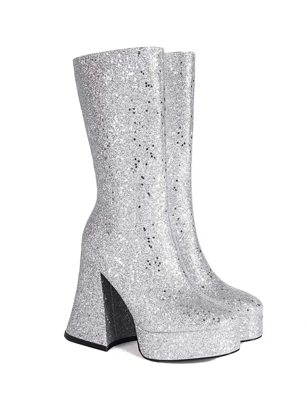 Square Toe Sequined Chunky Heel Mid-Calf Boots sold by Retro Stage