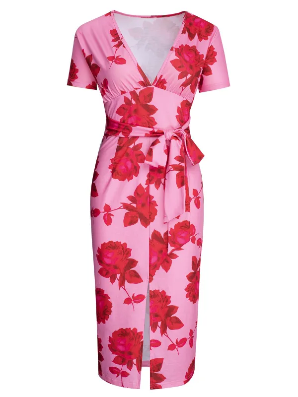 Pink 1960s V-Neck Floral Tie Split Dress sold by Retro Stage
