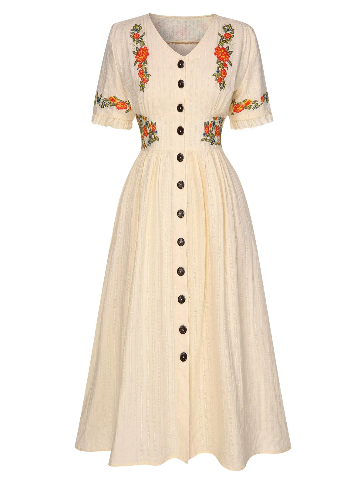 Pure Cotton Beige 1940s V-Neck Floral Dress sold by Retro Stage product image thumbnail 2
