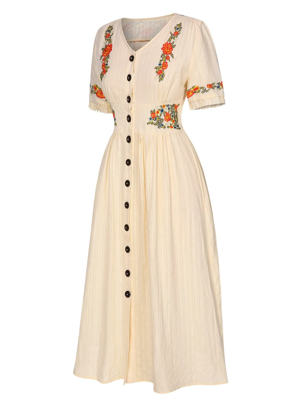 Pure Cotton Beige 1940s V-Neck Floral Dress sold by Retro Stage product image thumbnail 4