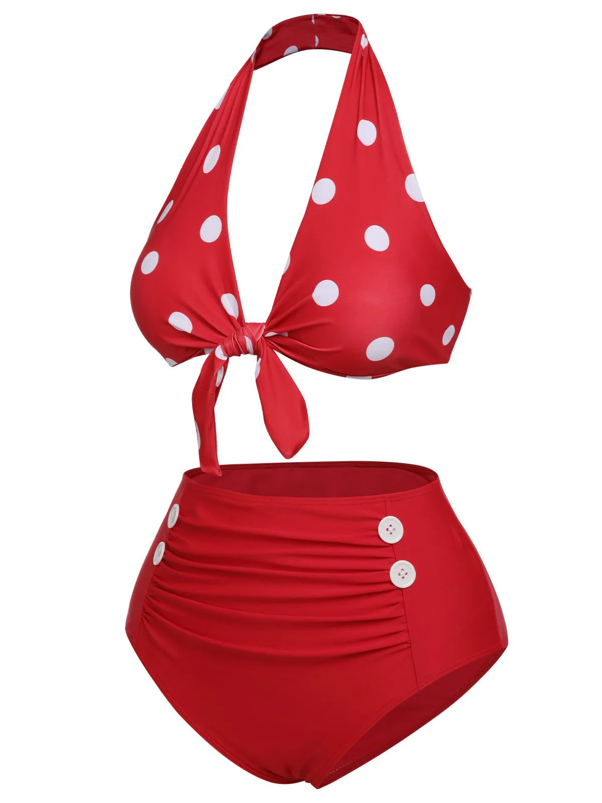 Red 1950s Polka Dot Tie Halter Swimsuit sold by Retro Stage product image thumbnail 4