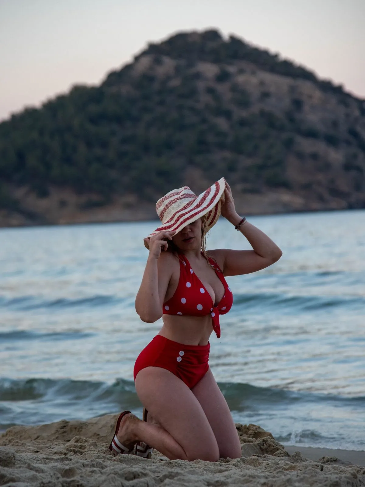 Red 1950s Polka Dot Tie Halter Swimsuit sold by Retro Stage