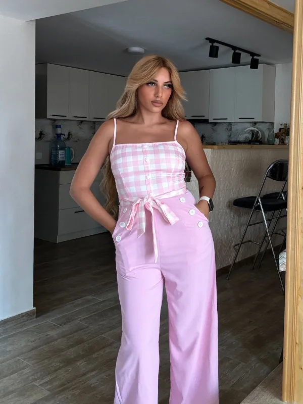 Pink 1950s Gingham Plaid Suspender Jumpsuit sold by Retro Stage