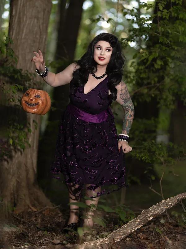 Deep Purple 1950s Halloween Bat Bow Dress sold by Retro Stage