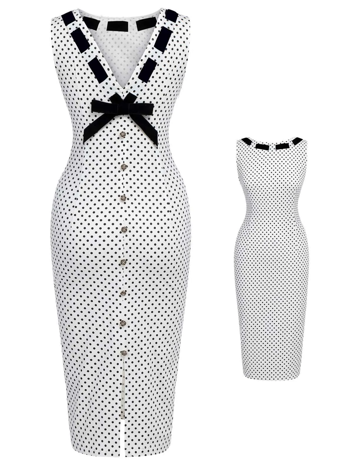 White 1960s Polka Dot Button Pencil Dress sold by Retro Stage product image thumbnail 2