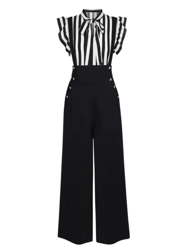 2PCS Black 1930s Stripes Tie Collar Blouse & Suspender Pants sold by Retro Stage
