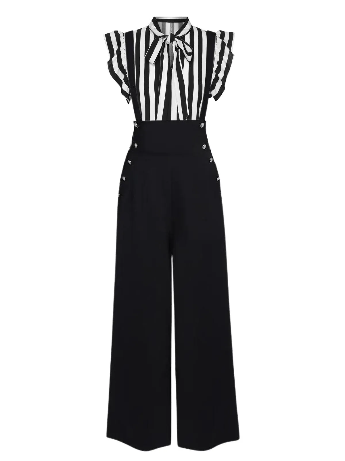 2PCS Black 1930s Stripes Tie Collar Blouse & Suspender Pants sold by Retro Stage