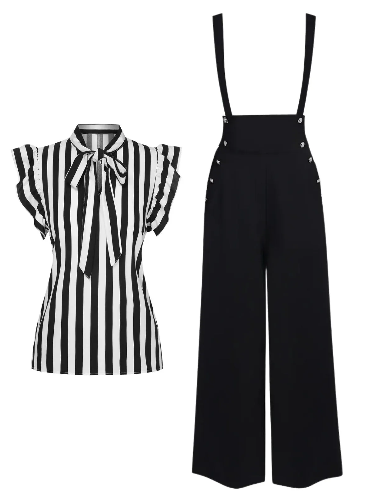 2PCS Black 1930s Stripes Tie Collar Blouse & Suspender Pants sold by Retro Stage product image thumbnail 2