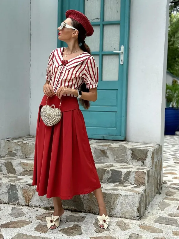 2PCS Orange Red 1950s Striped Blouse & Pleated Skirt sold by Retro Stage