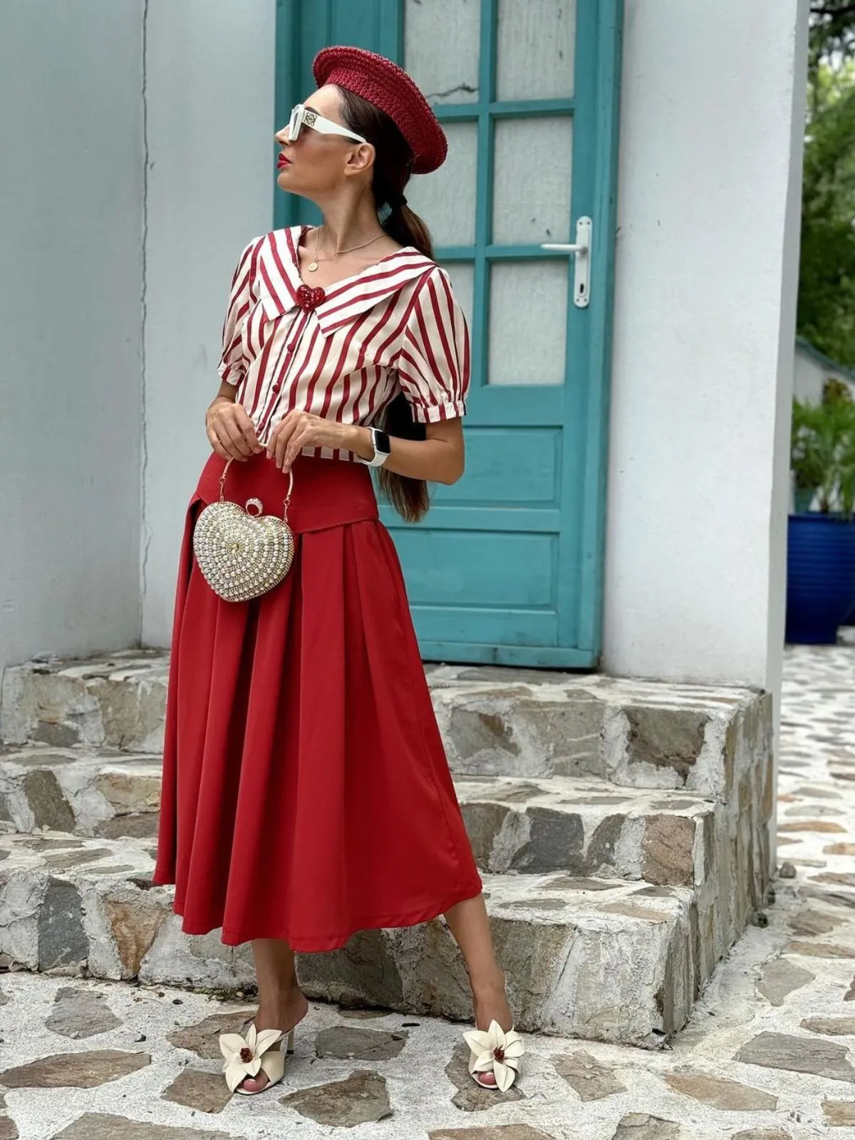 2PCS Orange Red 1950s Striped Blouse & Pleated Skirt sold by Retro Stage