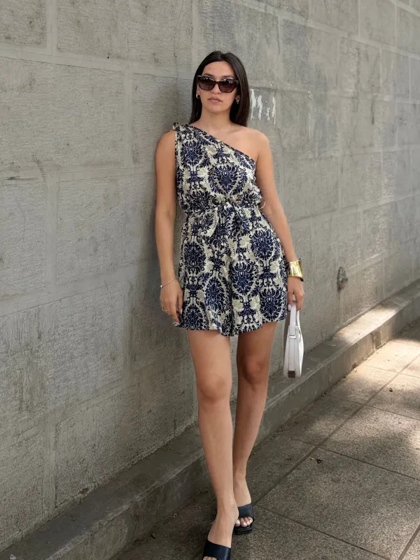 Blue 1950s Floral Print One Shoulder Romper sold by Retro Stage