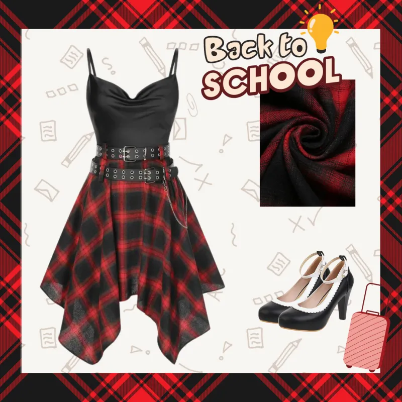 Black 1970s Plaid Cowl Neck Dress sold by Retro Stage