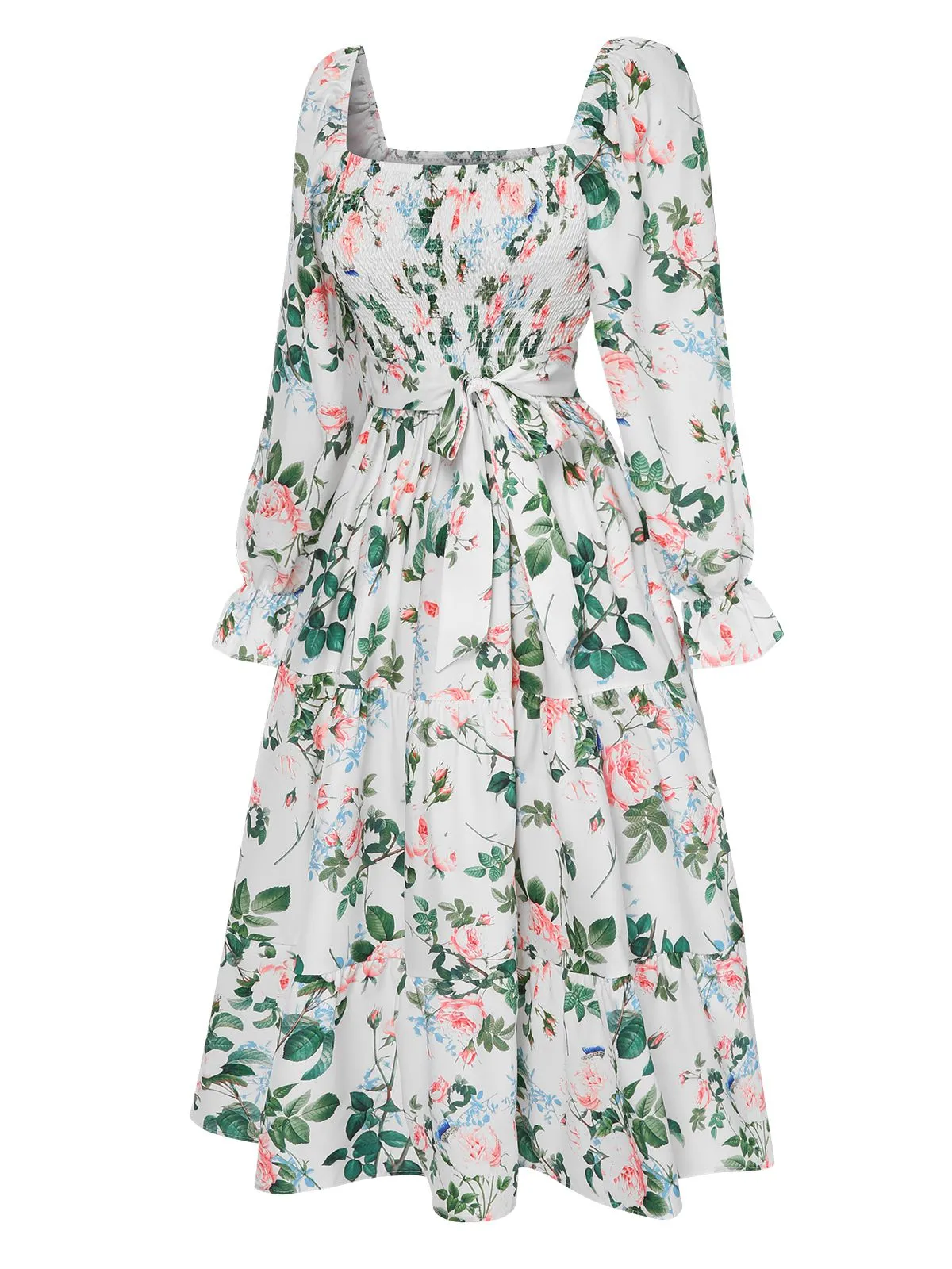 White 1940s Floral Pleated Belt Dress sold by Retro Stage product image thumbnail 3