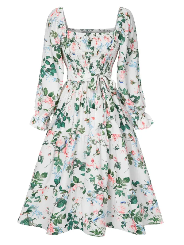 White 1940s Floral Pleated Belt Dress sold by Retro Stage