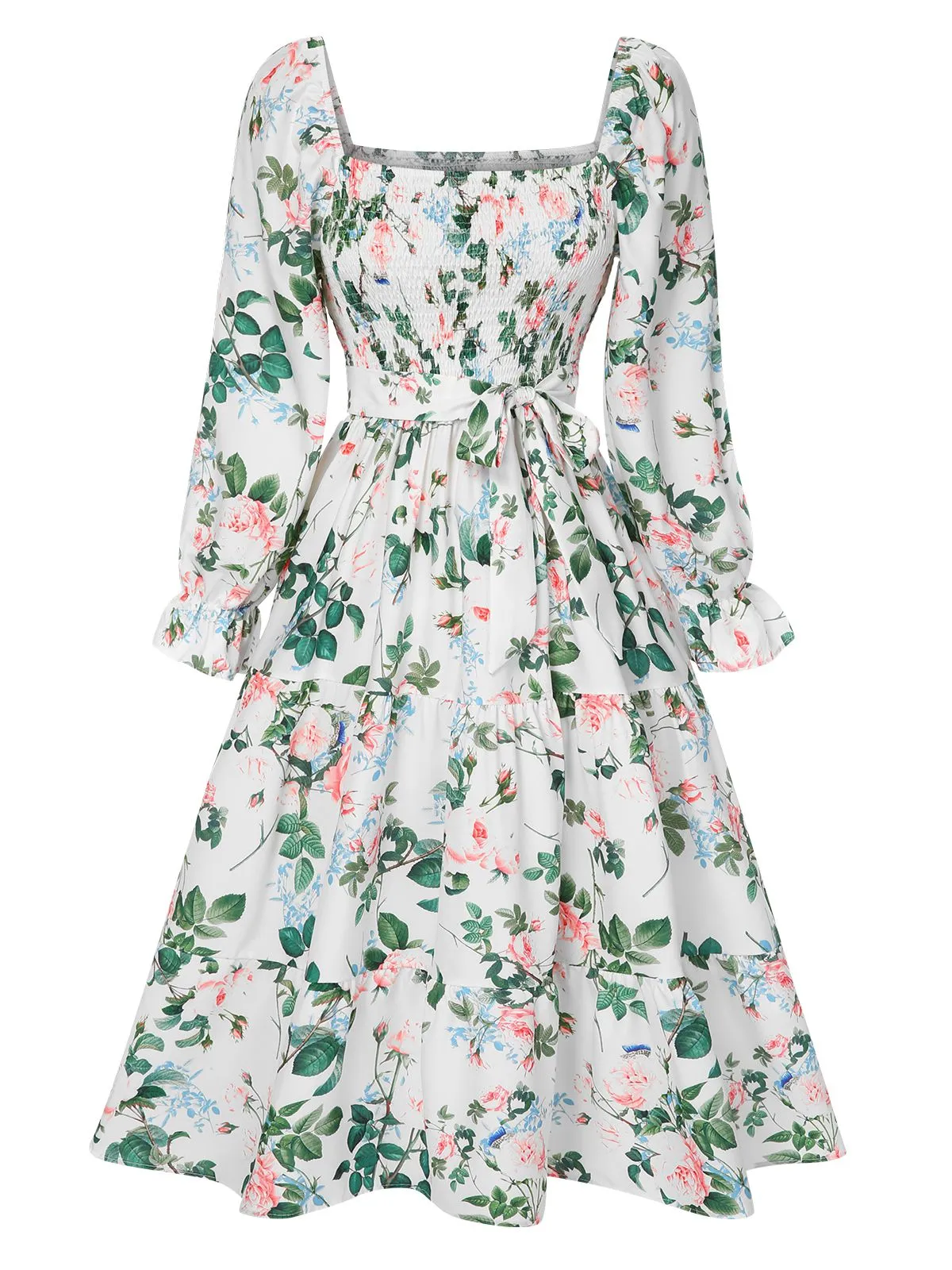 White 1940s Floral Pleated Belt Dress sold by Retro Stage