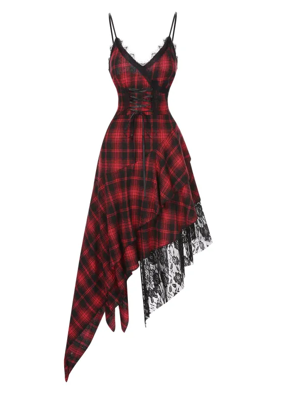 Red 1950s Spaghetti Straps Plaid Irregular Hem Dress sold by Retro Stage