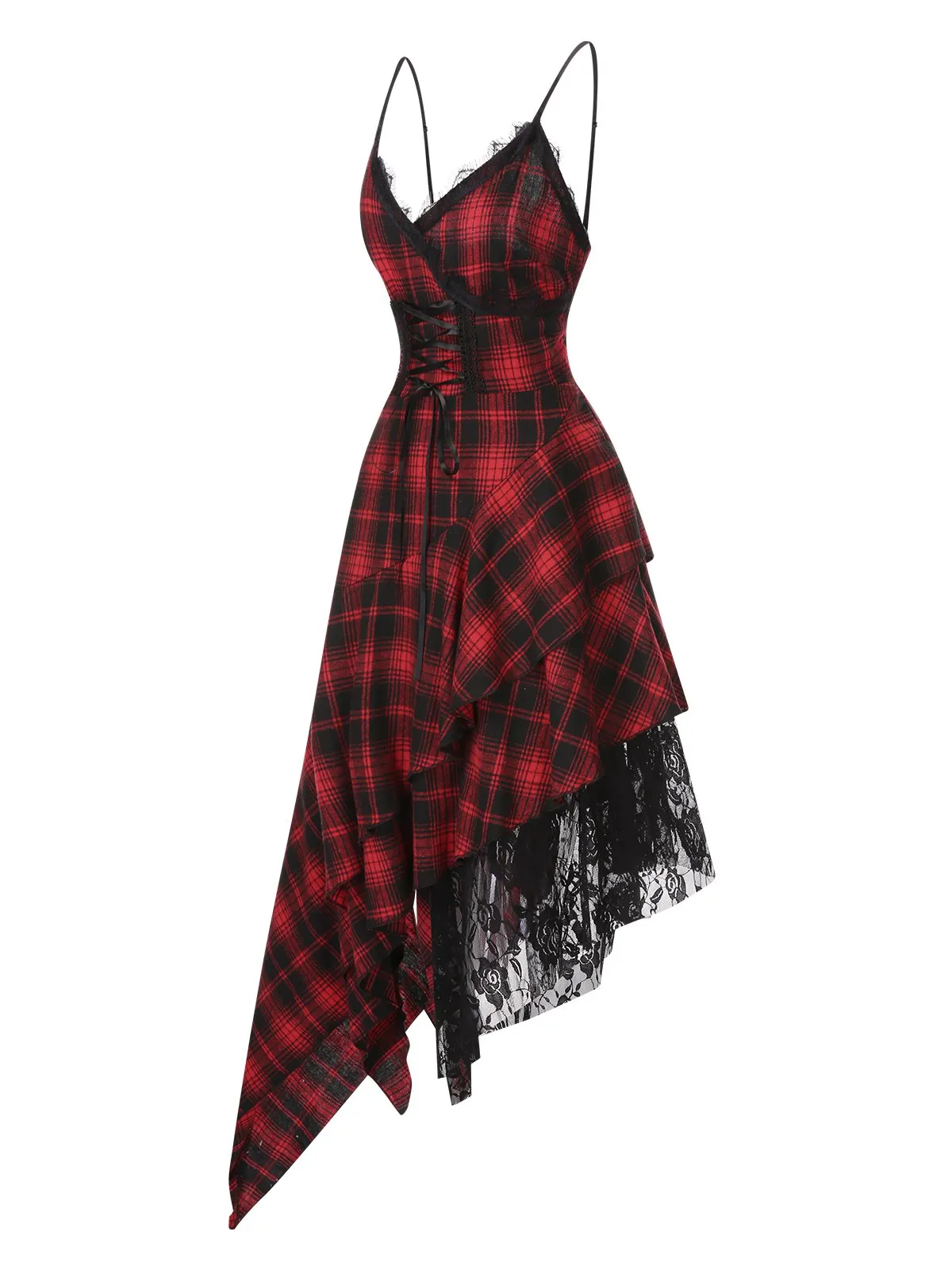 Red 1950s Spaghetti Straps Plaid Irregular Hem Dress sold by Retro Stage product image thumbnail 3