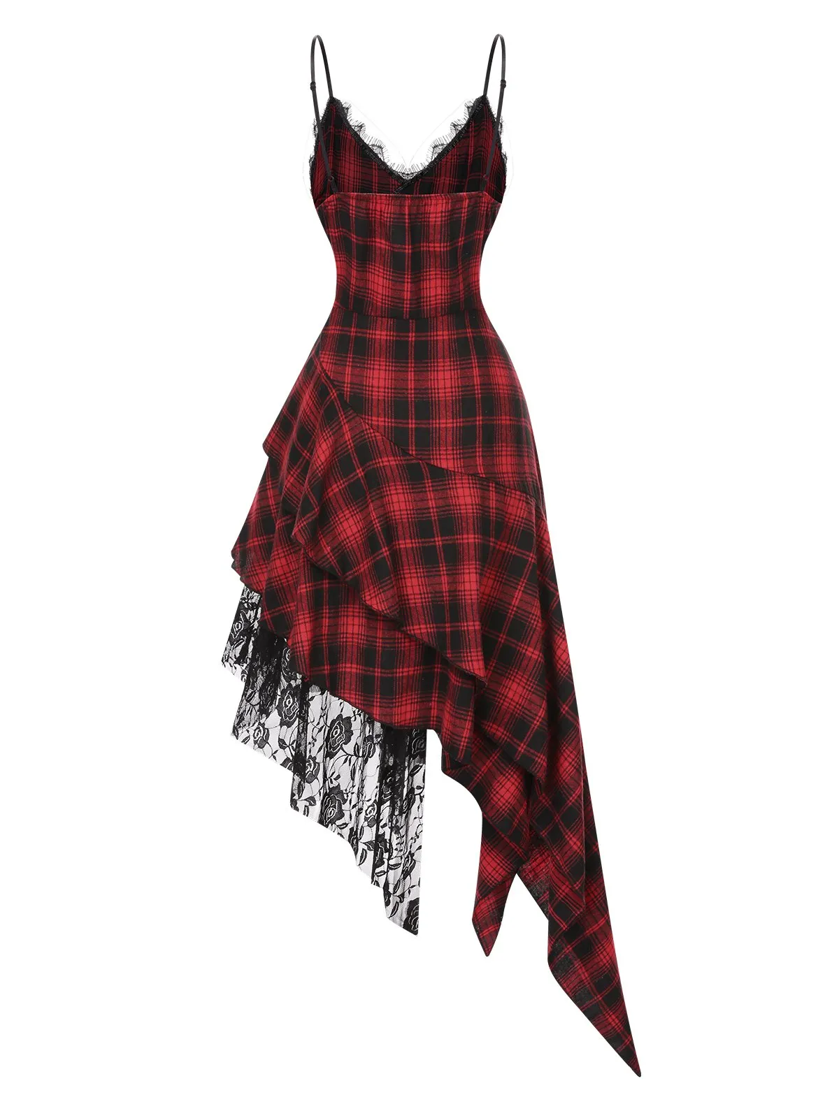 Red 1950s Spaghetti Straps Plaid Irregular Hem Dress sold by Retro Stage product image thumbnail 2