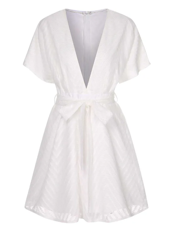White 1950s Deep V-Neck Textured Belted Romper sold by Retro Stage