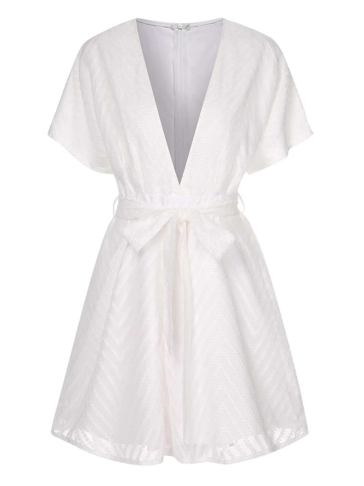 White 1950s Deep V-Neck Textured Belted Romper sold by Retro Stage