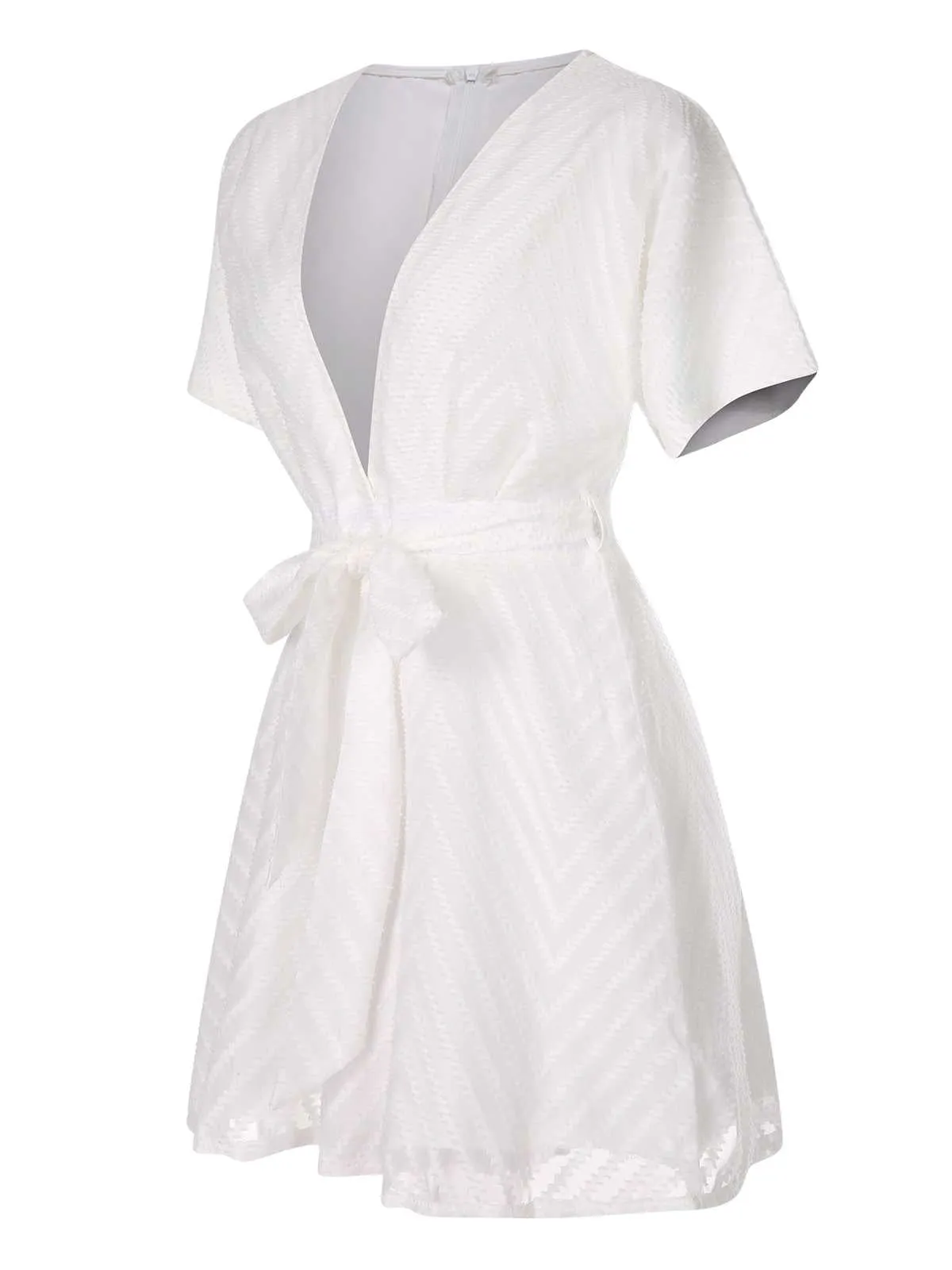 White 1950s Deep V-Neck Textured Belted Romper sold by Retro Stage product image thumbnail 3